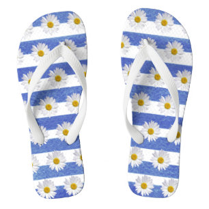 daisies on blue watercolor stripe on white jandals