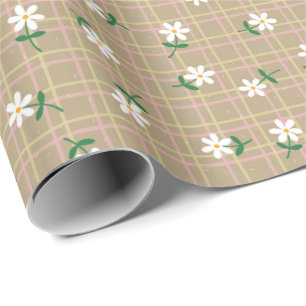 Daisies on Brown Plaid (large scale) Wrapping Paper