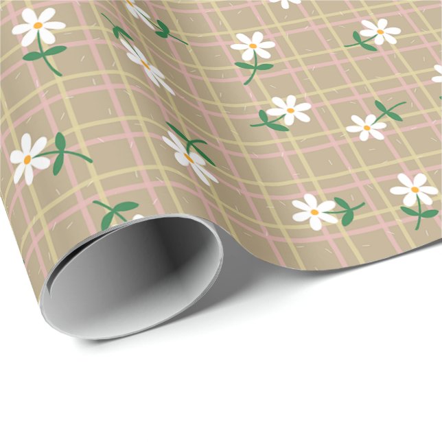 Daisies on Brown Plaid (large scale) Wrapping Paper (Roll Corner)