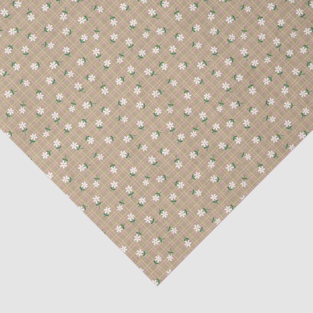 Daisies on Brown Plaid (small scale) Tissue Paper (Detail)