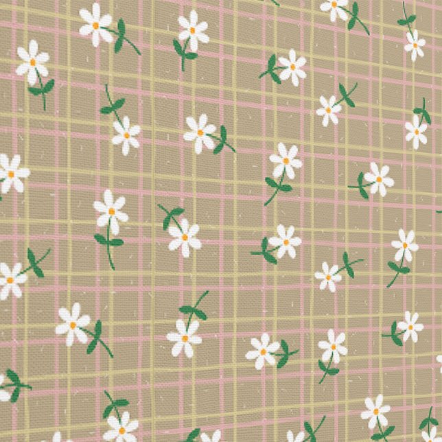 Daisies on Brown Plaid (small scale) Wallpaper (Seam)
