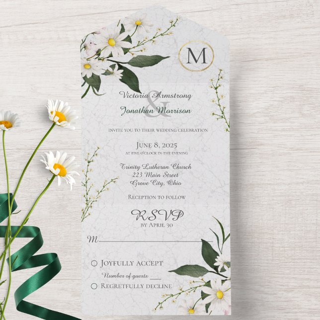 Daisies on Crackled White Paint Monogram  All In One Invitation (Creator Uploaded)