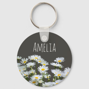 Daisies on Grey Personalised Key Ring