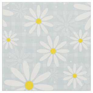 Daisies on pale blue gingham plaid fabric
