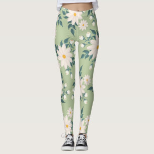Daisies on Pastel Green Background Leggings