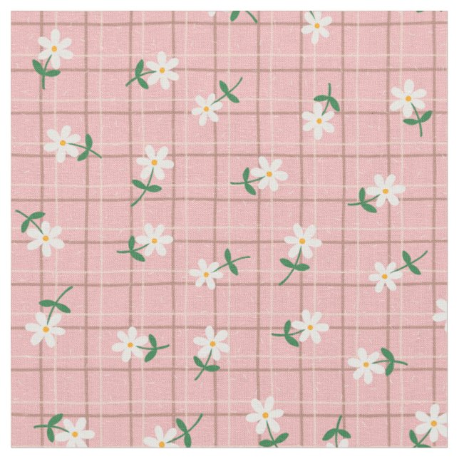 Daisies on Pink Plaid (small scale) Fabric (Close Up)
