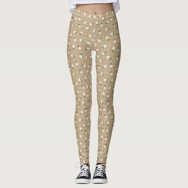 Daisies on Plaid (small scale) Brown Leggings (Front)