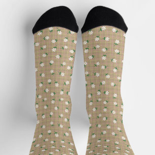 Daisies on Plaid (small scale) Brown Socks