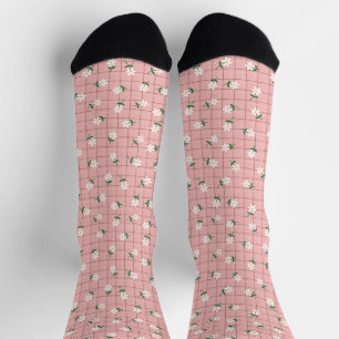 Daisies on Plaid (small scale) Pink Socks