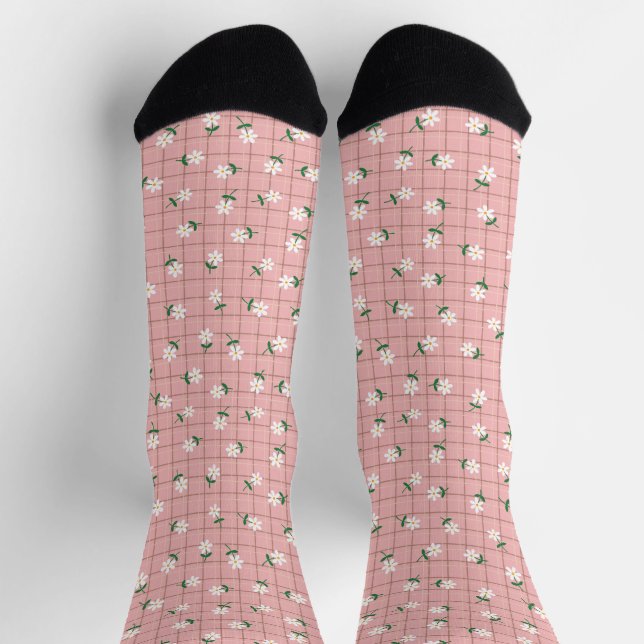Daisies on Plaid (small scale) Pink Socks (Top)