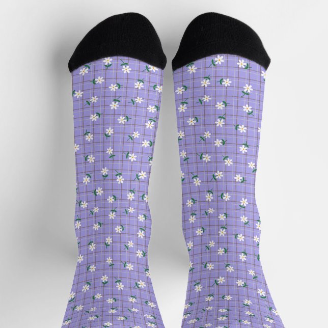 Daisies on Plaid (small scale) Purple Socks (Top)