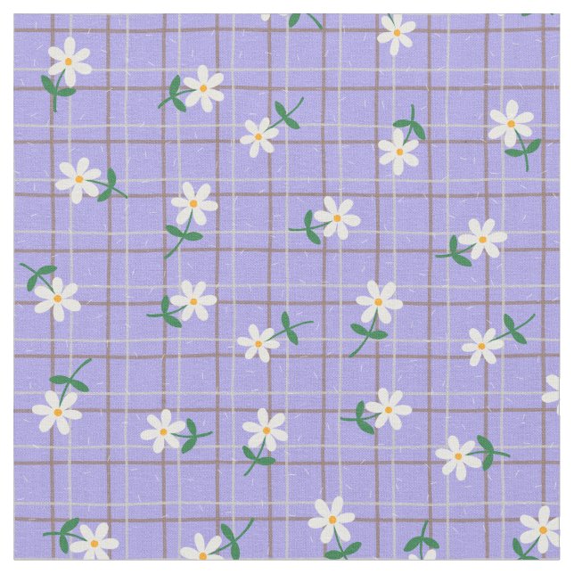 Daisies on Purple Plaid (small scale) Fabric (Close Up)