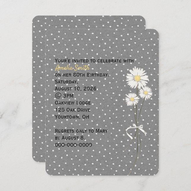 Daisies on white pin dots birthday invite (Front/Back)