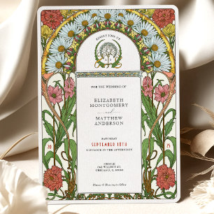 Daisies & Pink Zinnias Art Nouveau Wedding Invitation