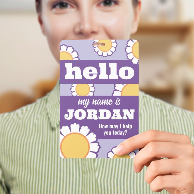 Daisies Purple Hello My Name Is How May I Help ID Badge (Creator Uploaded)