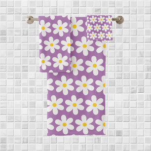 Daisies Retro Floral Pattern White Purple Bath Towel Set