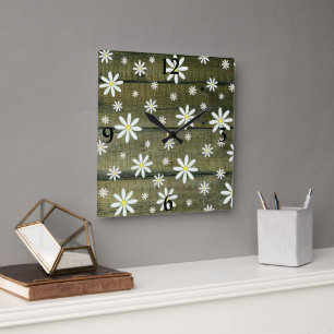 Daisies Rustic Barn Board Daisy Flower Square Wall Square Wall Clock