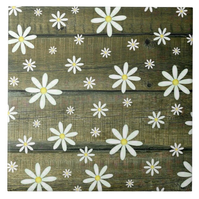 Daisies Rustic Barn Board Daisy Flower Tile (Front)
