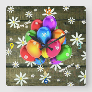 Daisies Rustic Barn Board Party Balloons Square Wall Clock