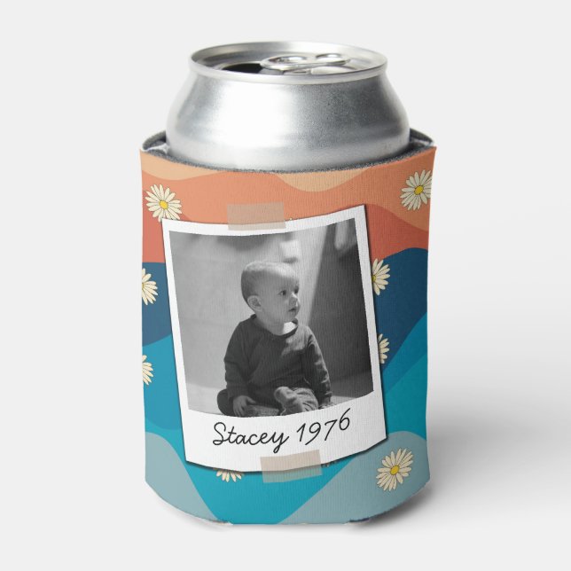 Daisies Seventies 70's Retro 50th Birthday Photo Can Cooler (Can Front)