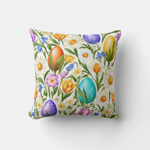 Daisies, Spring Flowers and Easter Eggs. Painting Cushion