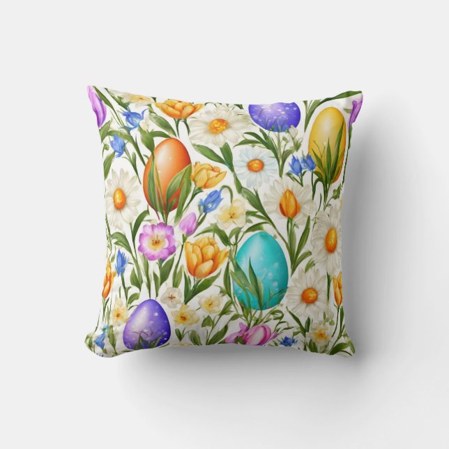 Daisies, Spring Flowers and Easter Eggs. Painting Cushion (Front)