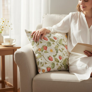 Daisies Strawberries Floral Pattern Cottagecore Cushion