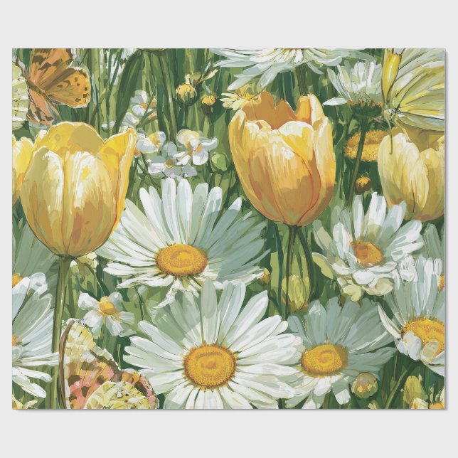 Daisies, Tulips & Butterflies illustrations Wrapping Paper (Flat)