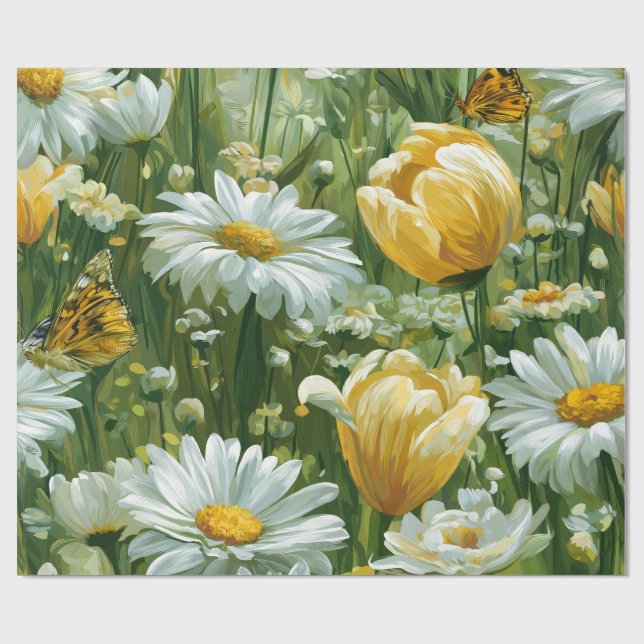 Daisies, Tulips & Butterflies illustrations Wrapping Paper (Flat)