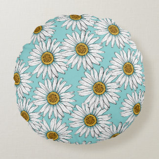 Daisies White Flowers on Blue vintage Seamless Pat Round Cushion