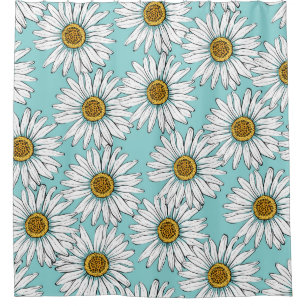 Daisies White Flowers on Blue vintage Seamless Pat Shower Curtain