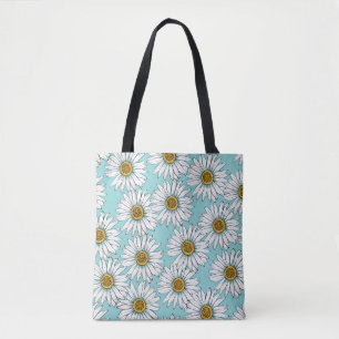 Daisies White Flowers on Blue vintage Seamless Pat Tote Bag