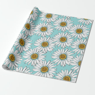 Daisies White Flowers on Blue vintage Seamless Pat Wrapping Paper