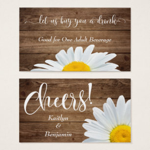 Daisies, White Script & Rustic Wood Drink Tickets