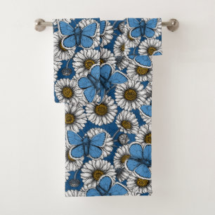 Daisies, white wild flowers and blue butterflies bath towel set
