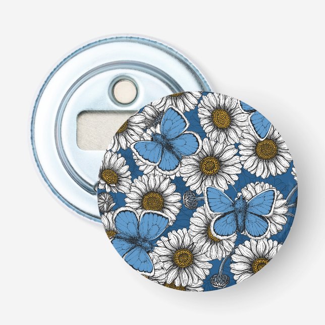 Daisies, white wild flowers and blue butterflies bottle opener (Front)