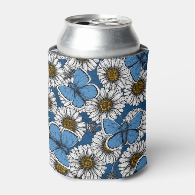 Daisies, white wild flowers and blue butterflies can cooler (Can Front)