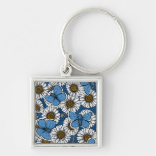 Daisies, white wild flowers and blue butterflies key ring