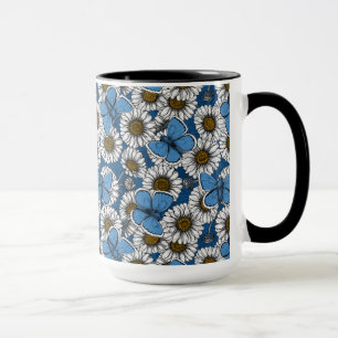 Daisies, white wild flowers and blue butterflies mug