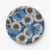 Daisies, white wild flowers and blue butterflies