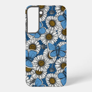 Daisies, white wild flowers and blue butterflies samsung galaxy case