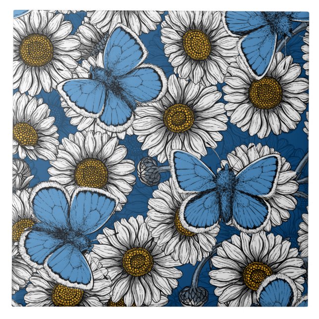 Daisies, white wild flowers and blue butterflies tile (Front)