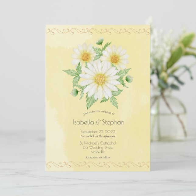 Daisies White Yellow Floral Script Wedding Invitat Invitation (Standing Front)