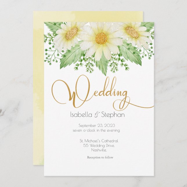 Daisies White Yellow Floral Script Wedding Invitat Invitation (Front/Back)