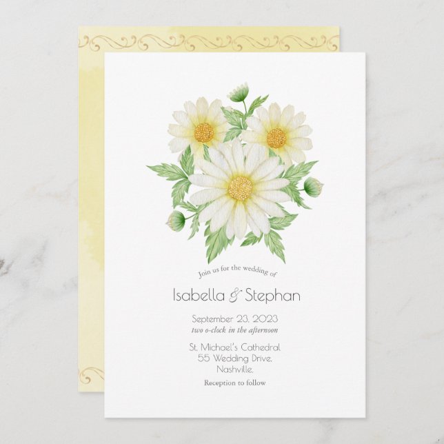 Daisies White Yellow Floral Script Wedding Invitat Invitation (Front/Back)