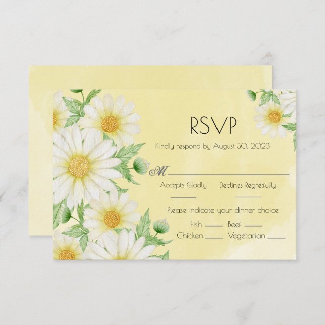 Daisies White Yellow Floral Script Wedding RSVP Card (Front/Back)