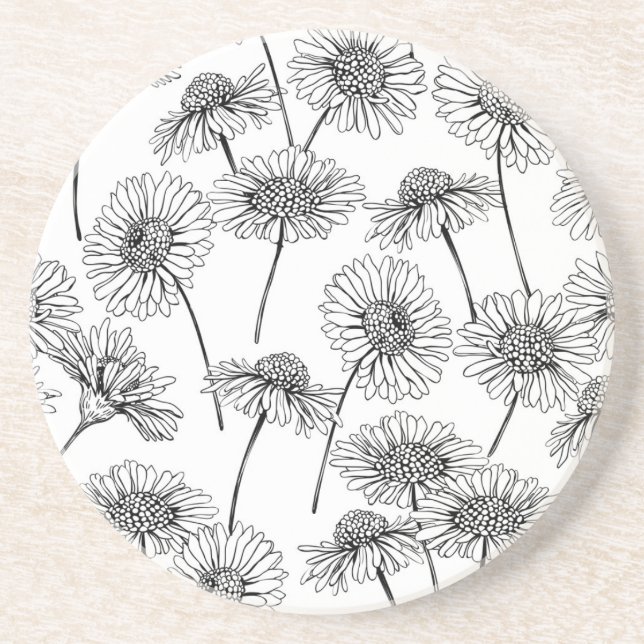 Daisies, wild flowers in black and white coaster (Front)