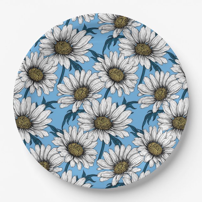 Daisies, wild flowers on blue paper plate (Front)