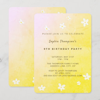 Daisies Yellow Pink Watercolor Girl Birthday Party Invitation