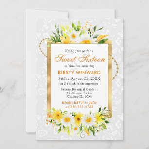 Daisies & Yellow Summer Flowers Gold Foil Sweet 16 Invitation